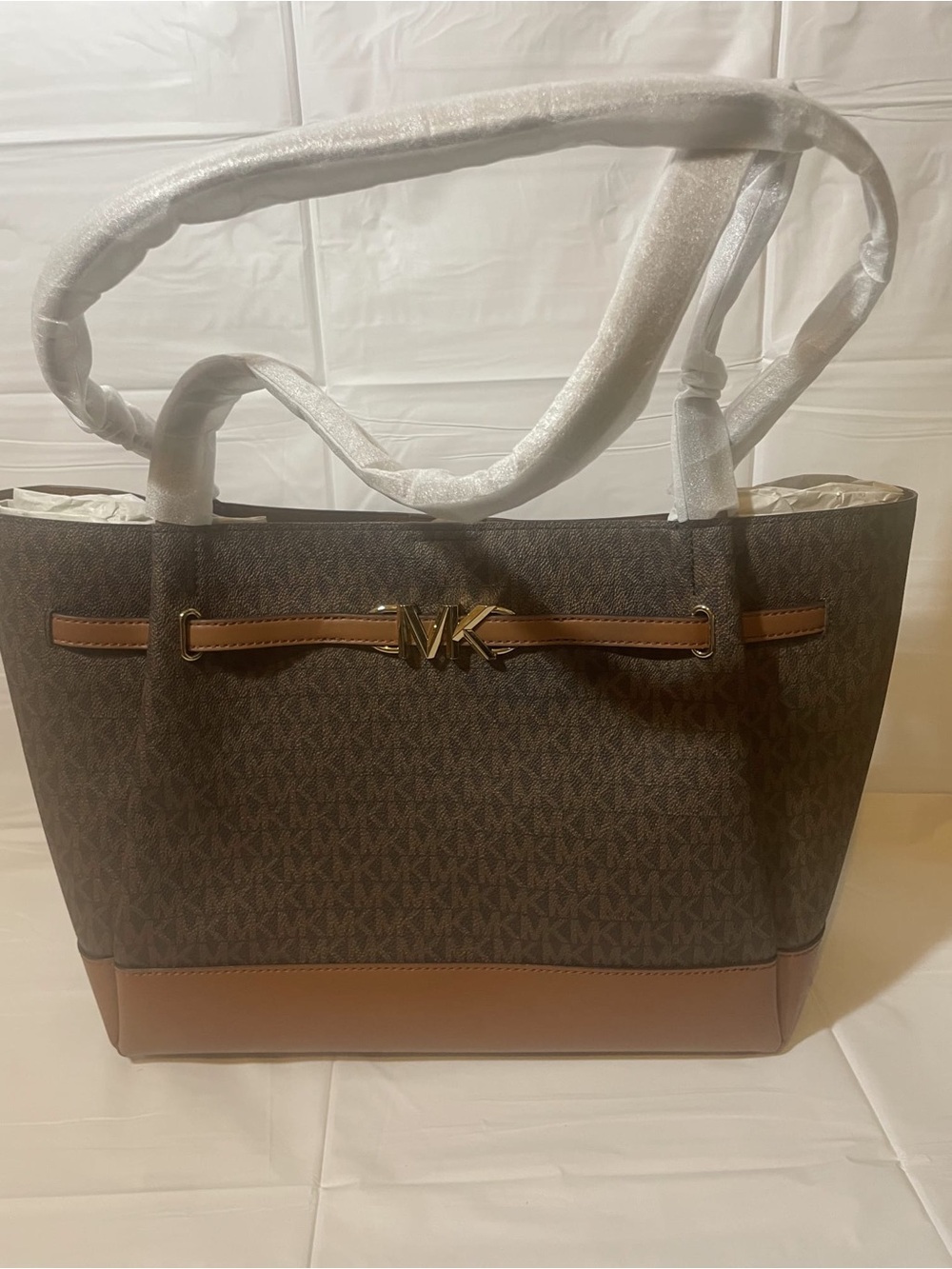 Michael Kors Brown Monogram Tote with Tan Trim
